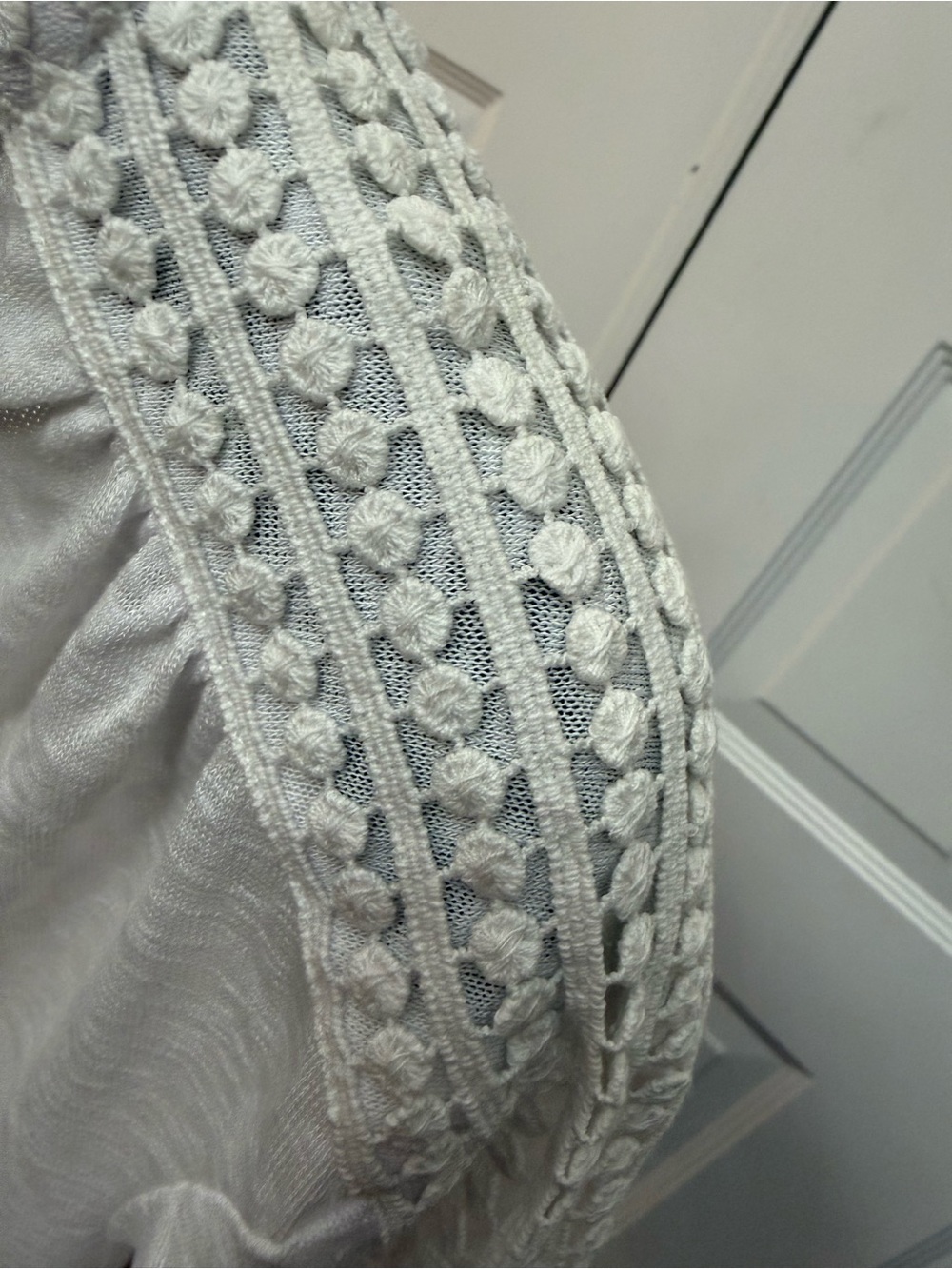 Women’s White Short Sleeve Tee with Crochet Pom-Trim Accents - Picture 3 of 9